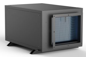 A gray commercial ceiling mounted dehumidifier with a blue internal coil visible on one side.