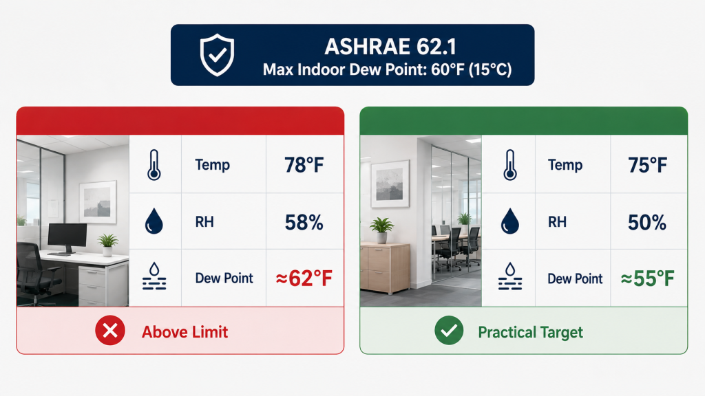 ASHRAE 62.1 office humidity comparison showing 60°F dew-point limit and practical control target.