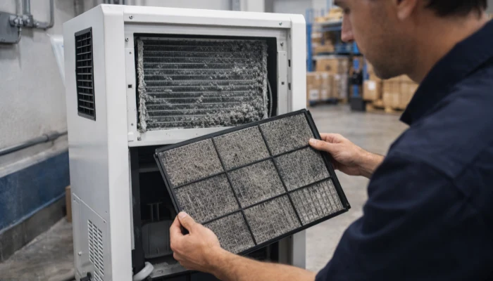 Technician inspecting a dehumidifier filter and internal airflow path