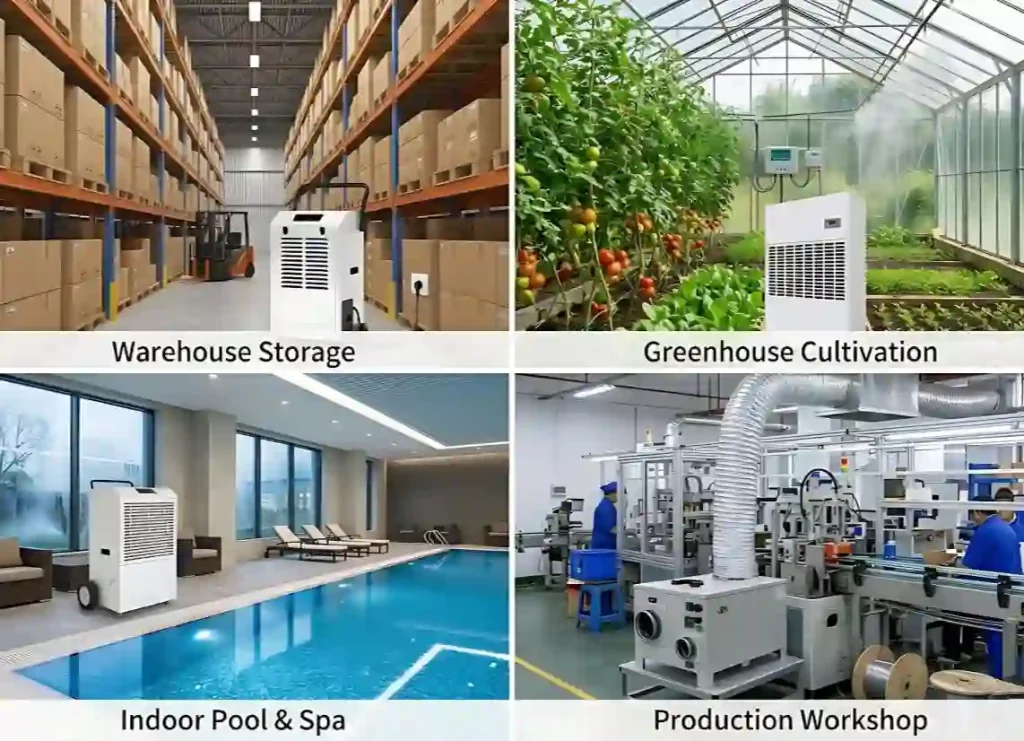 Industrial dehumidifier applications across warehouse, greenhouse, pool, and production settings