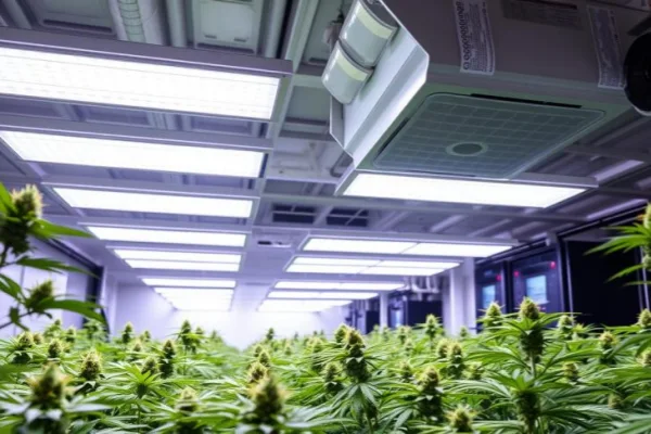Overhead Cannabis Dehumidifiers integrated into the ceiling of a large commercial indoor cultivation facility