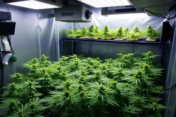 Compact Cannabis Dehumidifiers operating in a multi-level indoor grow tent with mature plants
