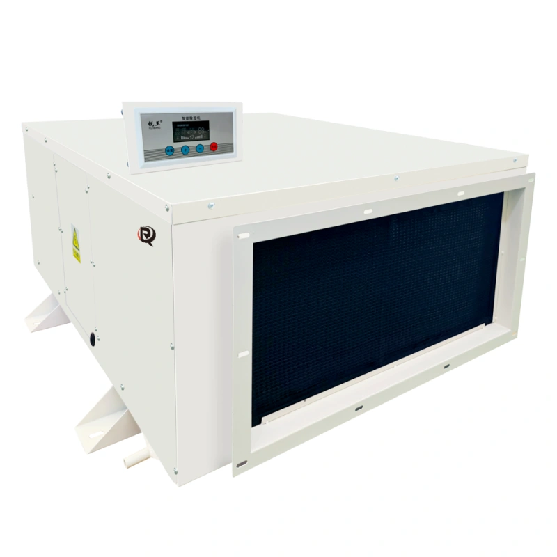 Ceiling-mounted dehumidifier, a rectangular white unit with a digital control panel and air vent.