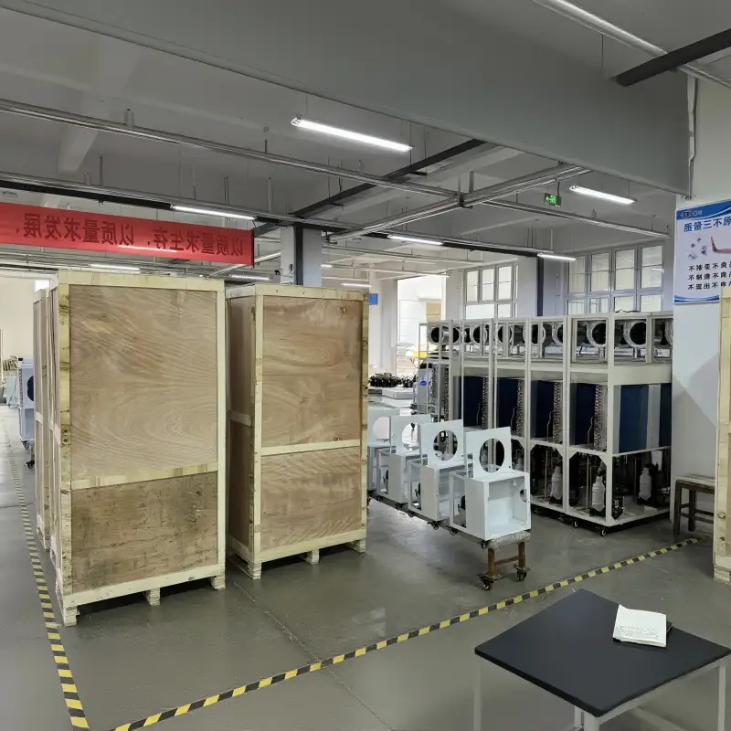Commissioning and packing of commercial refrigeration units in a factory.