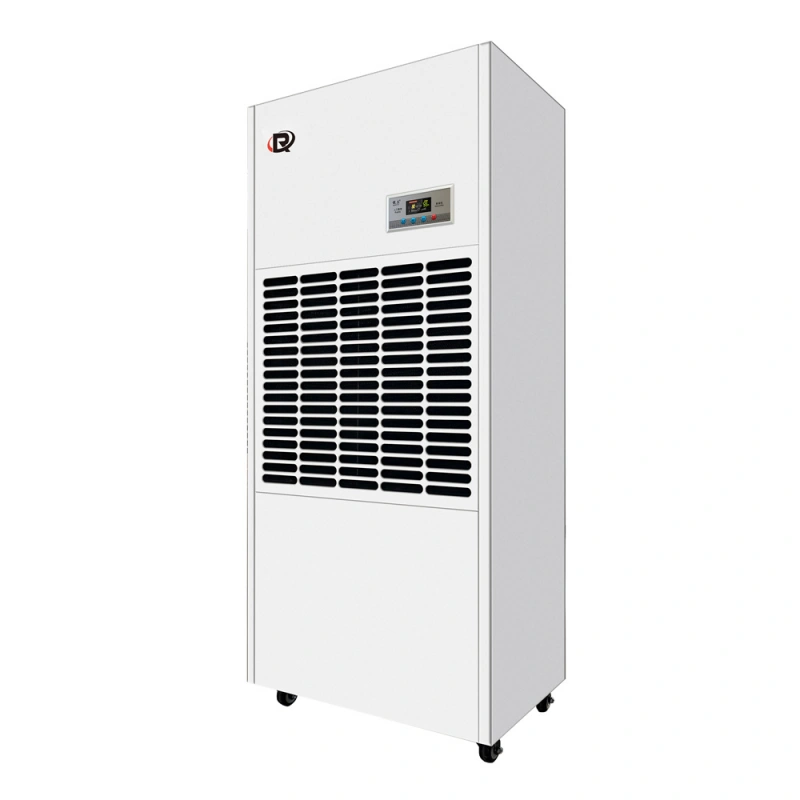 Condensation dehumidifier, a white industrial unit with a digital display and wheels.