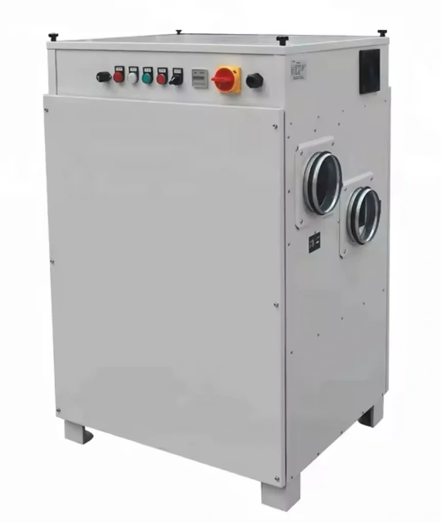 A compact industrial desiccant wheel dehumidifier unit with visible control panel and air ducts