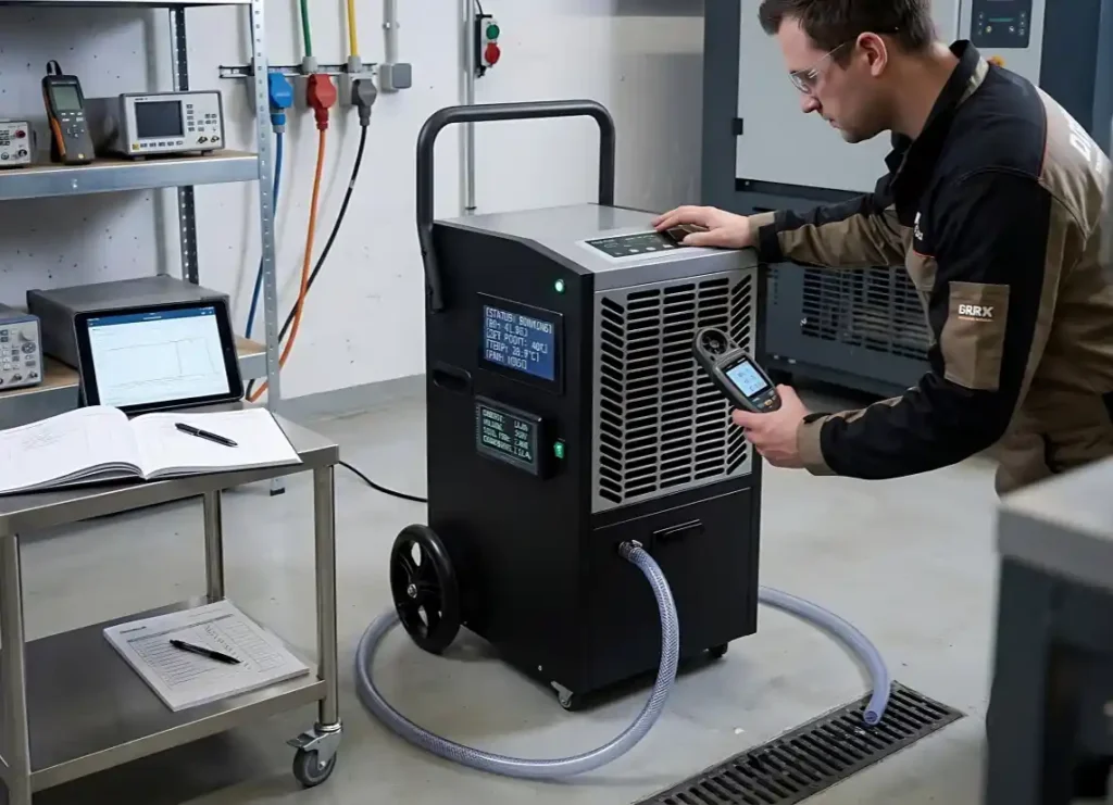 Industrial dehumidifier efficiency check by technician in a testing area