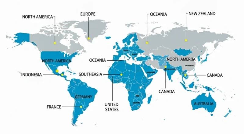 Global Market Presence map highlighting key markets and popular countries.