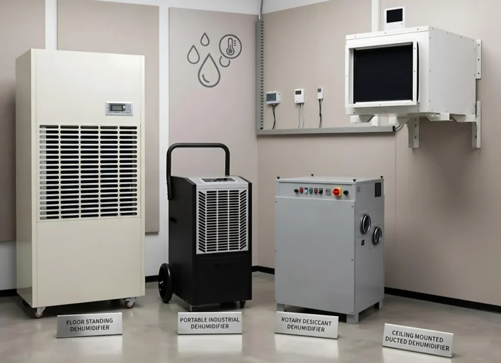 Industrial dehumidifier types displayed in a clean technical showroom