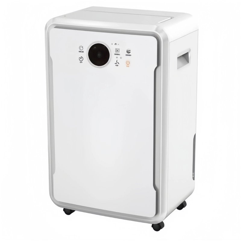 A sleek white dehumidifier from the High-Capacity Series with a digital control panel and caster wheels, designed for home use.