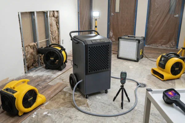 Industrial dehumidifier used on a water damage restoration jobsite