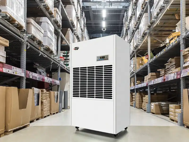Industrial dehumidifier operating in a large warehouse with shelves of goods.