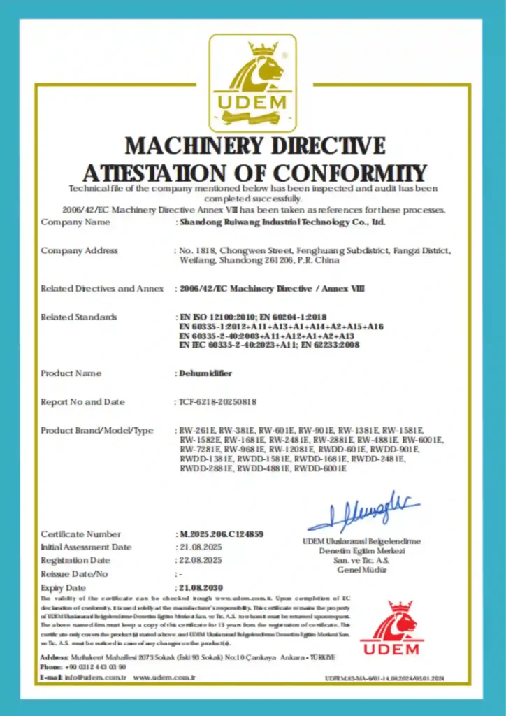 UDEM Machinery Directive Attestation of Conformity certificate for dehumidifier.
