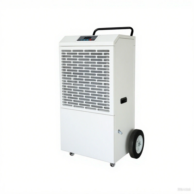 Portable industrial dehumidifier, a white unit with a handle, large wheels, and a front grille.
