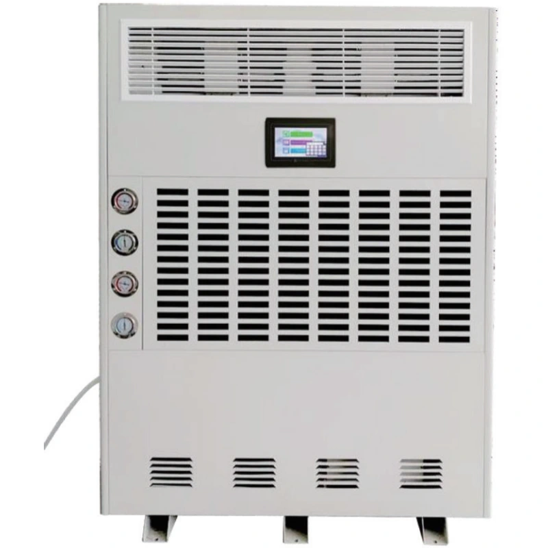 Wall-mounted thermostatic & humidistat unit with a digital display.