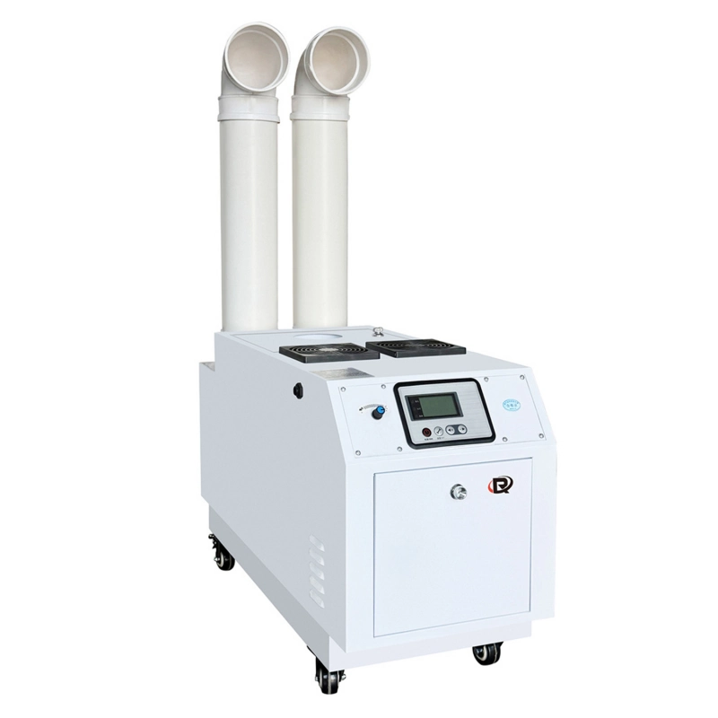 Floor-standing ultrasonic industrial humidifier with caster wheels and two exhaust pipes.
