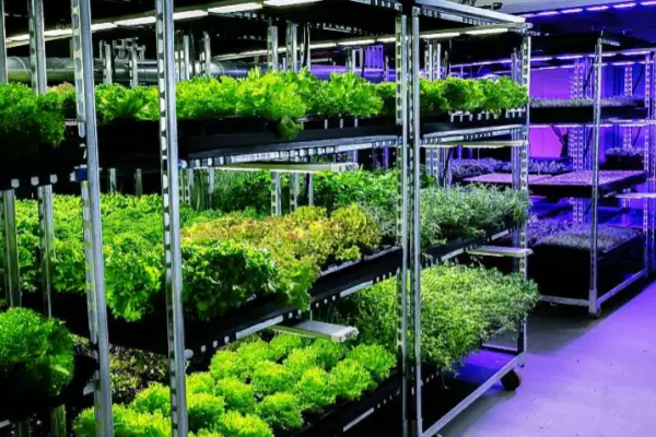 Cannabis Dehumidifiers providing climate control for a multi-tier vertical farming facility under LED lights