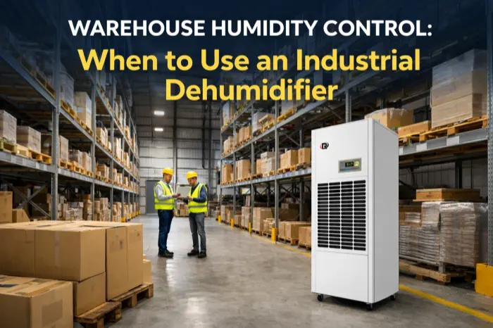 Industrial dehumidifier in warehouse for humidity control and storage protection
