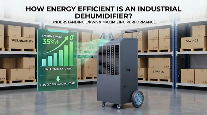 Industrial dehumidifier in warehouse showing energy efficiency and lower operating cost concept