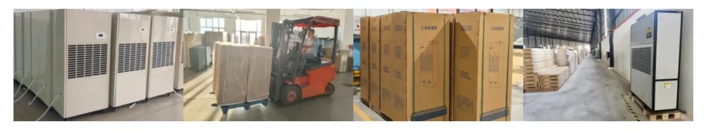 Series of images showcasing the warehouse Applications of Industrial Dehumidifiers in operation and packaging