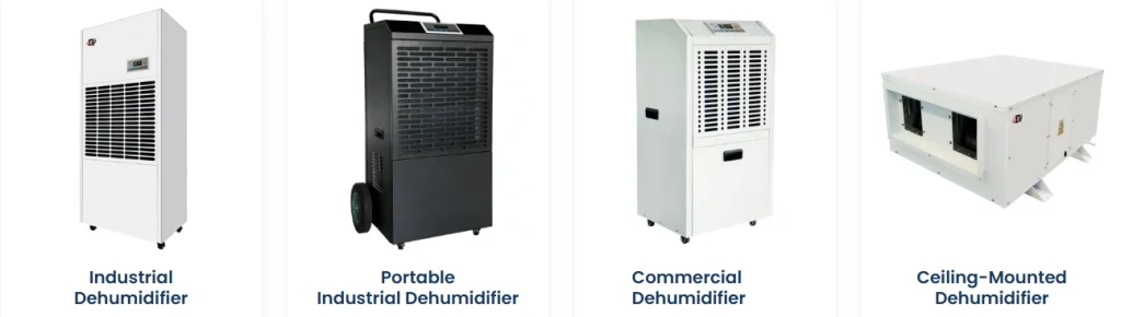 Different types of dehumidifiers: industrial, portable, commercial, and ceiling-mounted models.