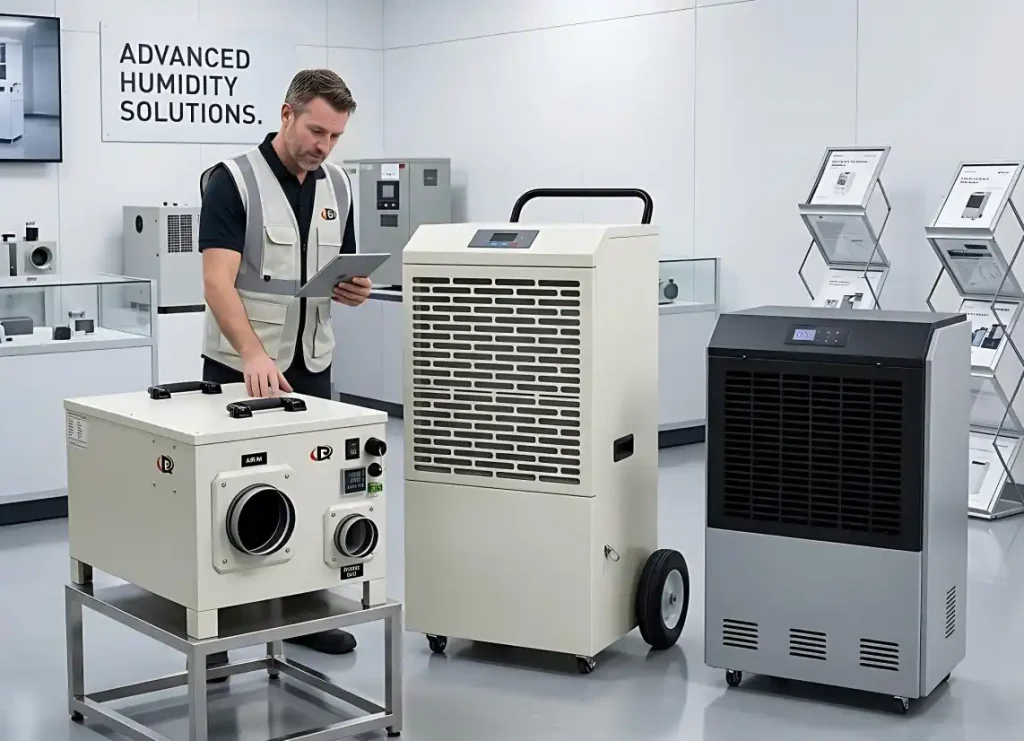 Industrial dehumidifier selection with multiple unit types in a technical showroom