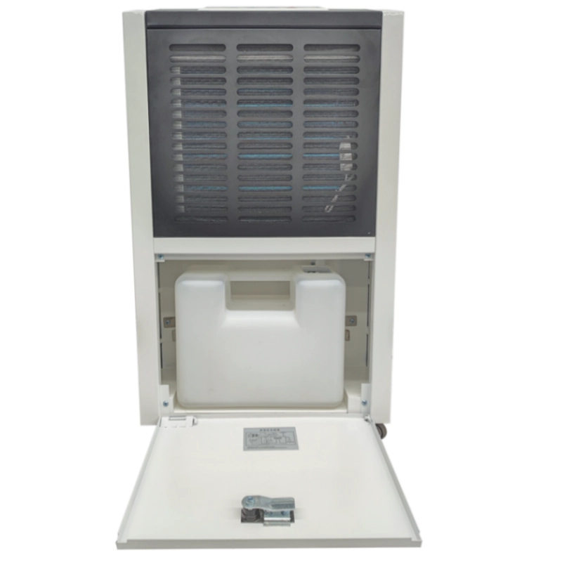 Front view of a white commercial dehumidifier with a visible plastic water bucket.