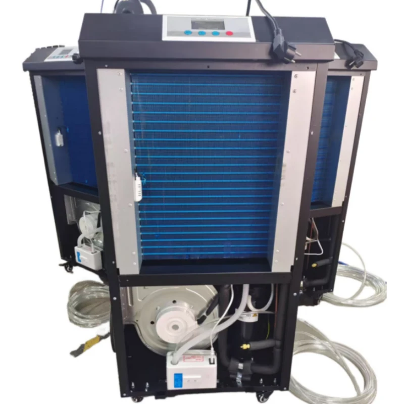 Large capacity commercial dehumidifier with pump, showing its front and sides