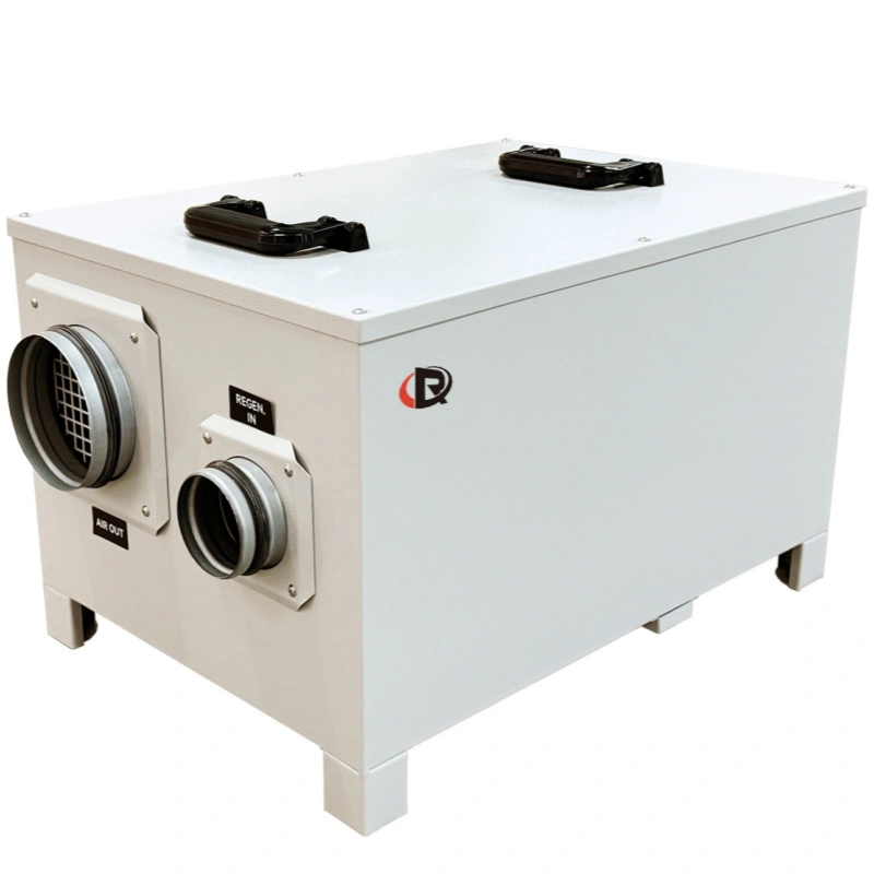 compact commercial desiccant dehumidifier with handles and visible air inlets and outlets