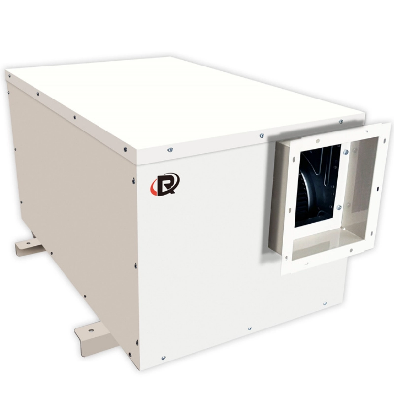 Commercial ducted dehumidifier for large-scale moisture control, side view.