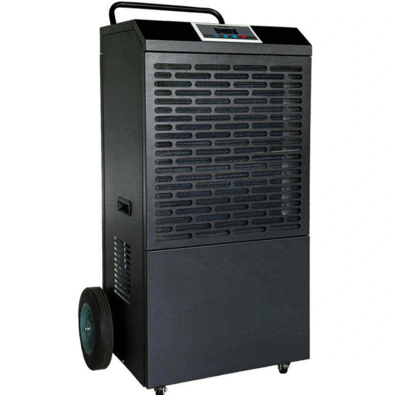 Black commercial portable dehumidifier on wheels for moisture control and water damage restoration