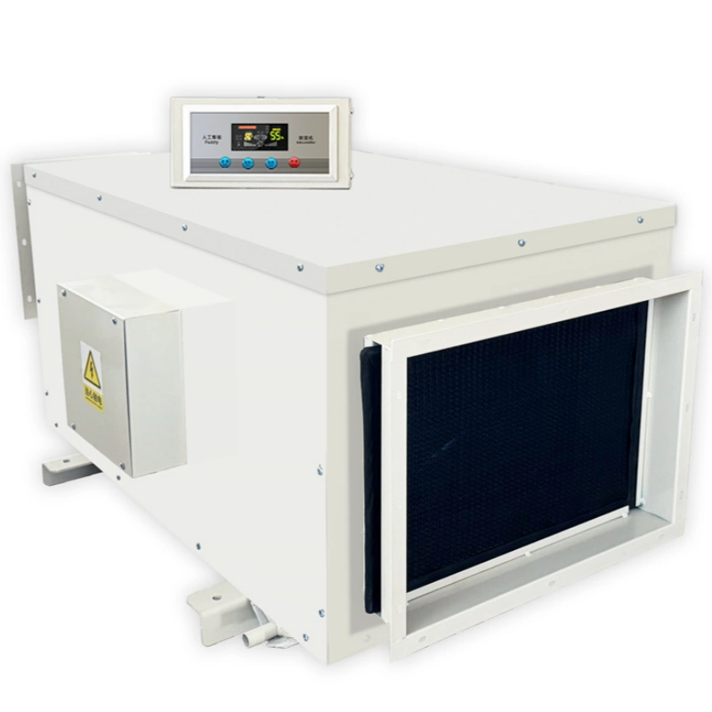 white commercial wall mounted dehumidifier with a digital control panel and filter for a product catalog