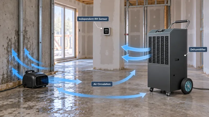 Construction dehumidifier installation showing air circulation, air mover placement, and independent humidity monitoring.