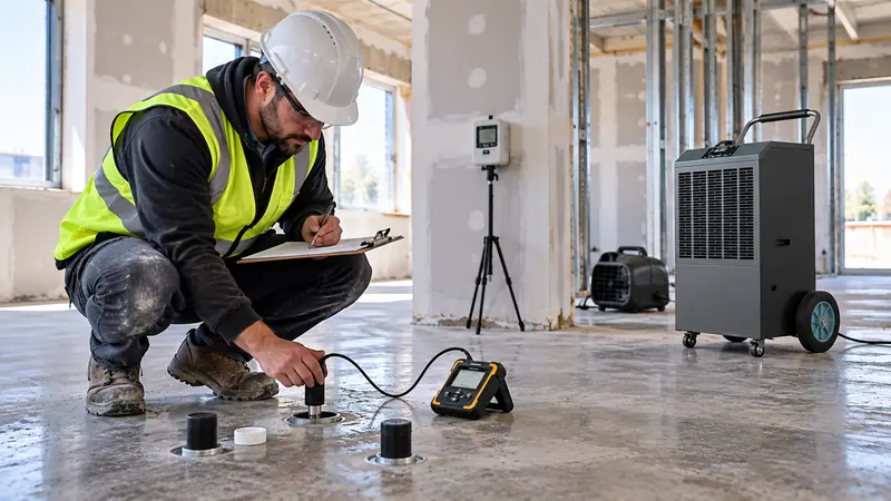 Construction technician measuring concrete slab moisture during new-build drying with industrial dehumidifier equipment.