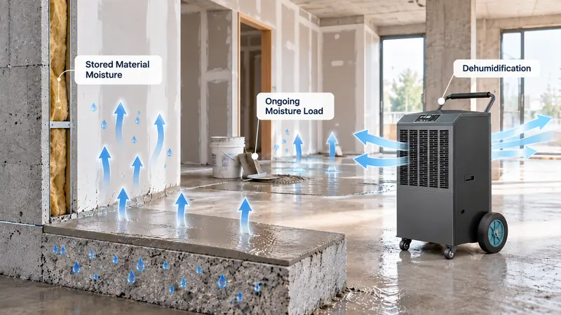 Construction moisture loads from wet building materials with industrial dehumidifier airflow illustration.