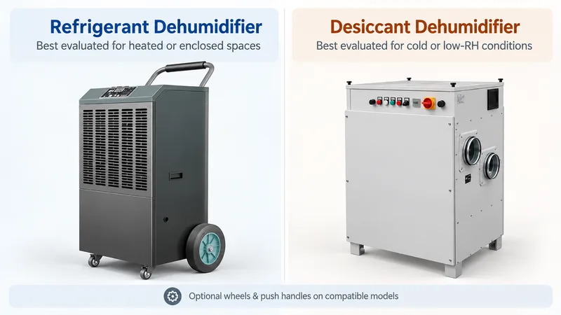 Refrigerant and desiccant construction dehumidifiers compared for different temperature and humidity conditions.