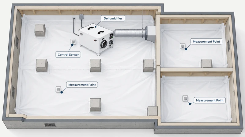Contractor commissioning crawl space dehumidifier with humidity measurements