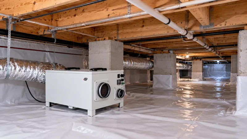 Crawl space layout with piers affecting dehumidifier air distribution
