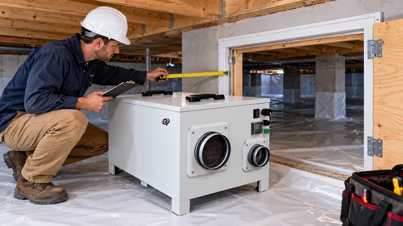 Contractor checking crawl space dehumidifier before installation