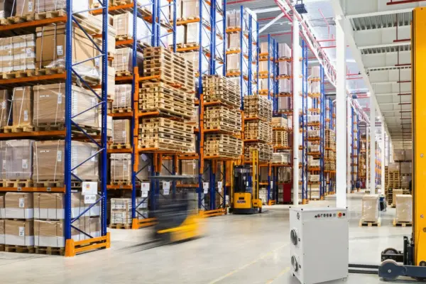 Warehouse climate control using desiccant wheel dehumidifier to protect stored goods and pallets