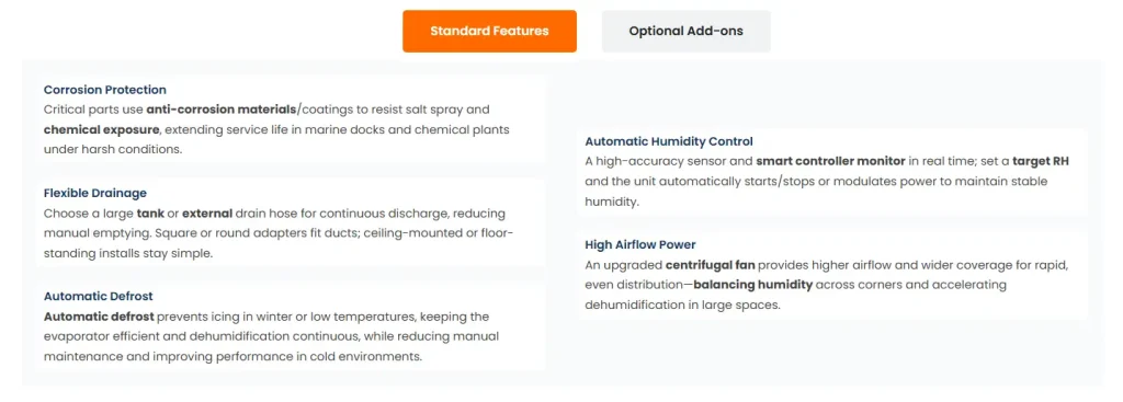 Custom features of industrial dehumidifier including corrosion protection, flexible drainage, automatic defrost, humidity control, and high airflow power
