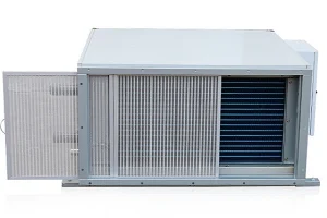 An angled view of a ceiling dehumidifier with a visible and easily removable filter