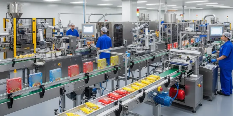 A photograph of an automated food packaging line with machinery and workers handling various packages.