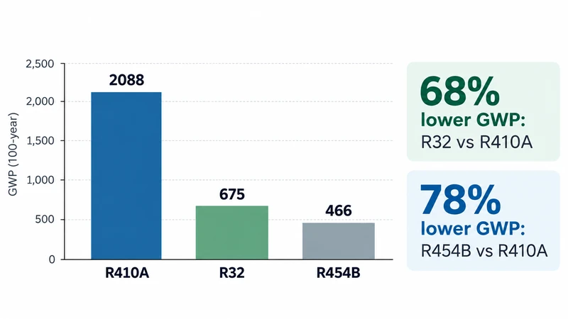 GWP comparison of R410A, R32 and R454B refrigerants showing their environmental impact differences