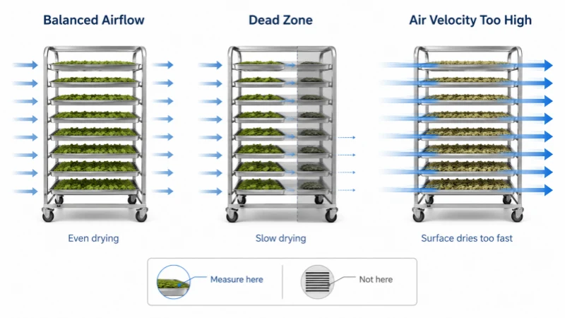 Comparison of balanced airflow, dead zones, and excessive air velocity across drying racks