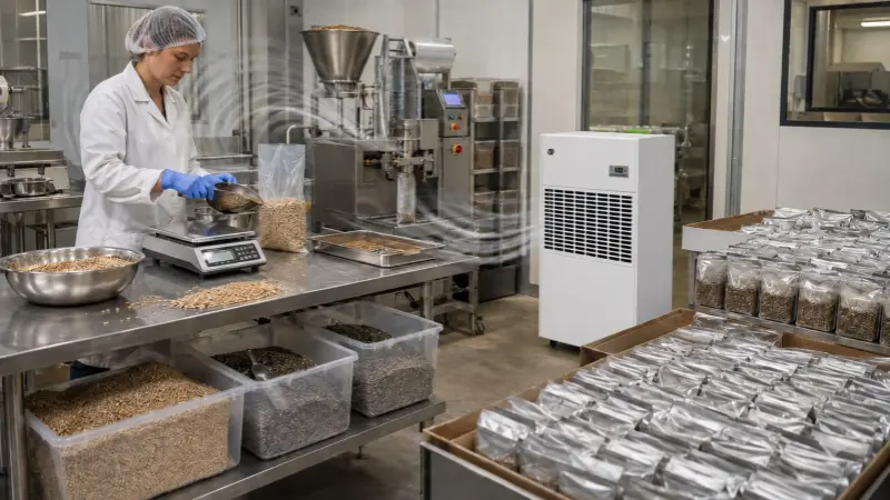 Industrial dehumidifier controlling humidity during seed weighing, bagging, and hermetic packaging in a modern seed processing room.