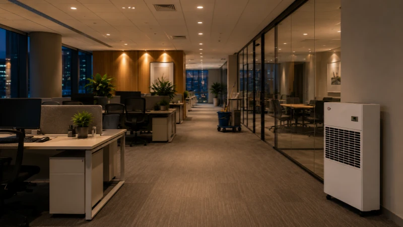 Commercial dehumidifier operating in an unoccupied modern office after hours with a cleaning cart nearby.