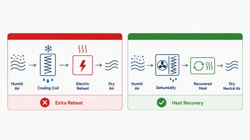 Comparison of electric reheat and recovered heat for office dehumidification, showing dry neutral air with heat recovery.