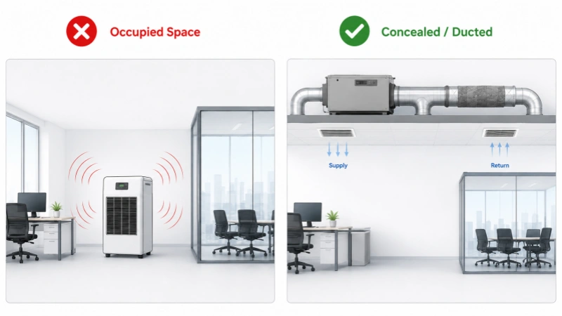 Comparison of floor-standing and concealed ducted dehumidifier installation in a modern office.