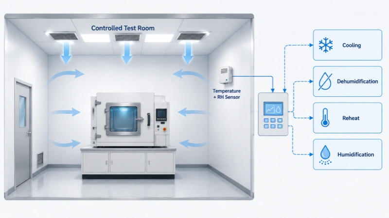 **Alt text:**
Controlled laboratory test room with a temperature and RH sensor coordinating cooling, dehumidification, reheat, humidification and uniform airflow.